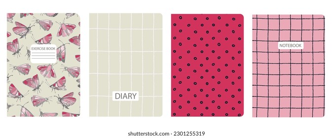 Set of cover page templates based on patterns with butterflies, moths, plaid, abstract circles for notebooks, notepads, diaries, planner. Headers isolated