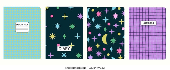 Set of cover page templates based on Neo Brutalism seamless patterns for school notebooks, diaries. Headers isolated and replaceable
