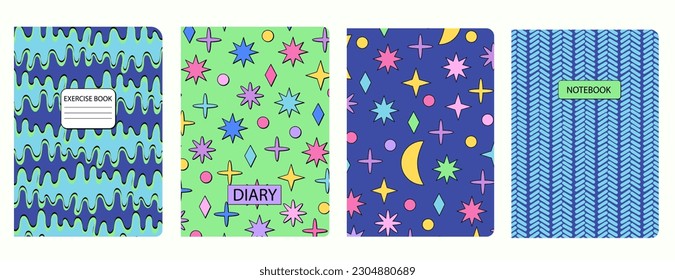 Set of cover page templates based on Neo Brutalism seamless patterns for school notebooks, diaries. Headers isolated and replaceable