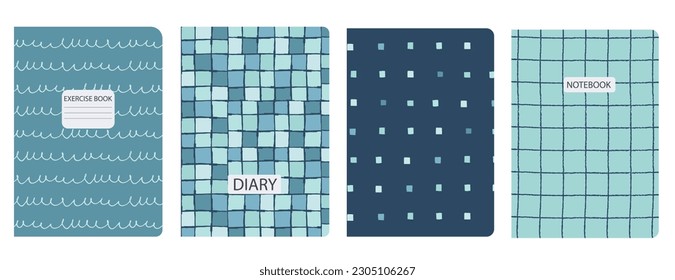Set von Titelseiten-Vorlagen basierend auf Raster-nahtlosen Mustern, Spirallinien, Polka-Punktmuster. Geplante Hintergründe für Schulhefte, Tagebücher. Kopfzeilen einzeln und auswechselbar