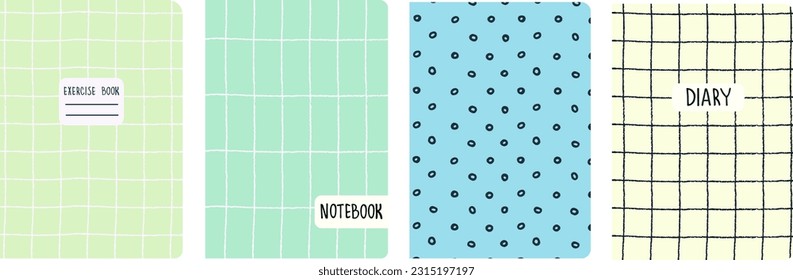 Set of cover page templates based on grid seamless patterns, spiral lines, polka dot pattern. Plaid backgrounds for school notebooks, diaries. Headers isolated and replaceable