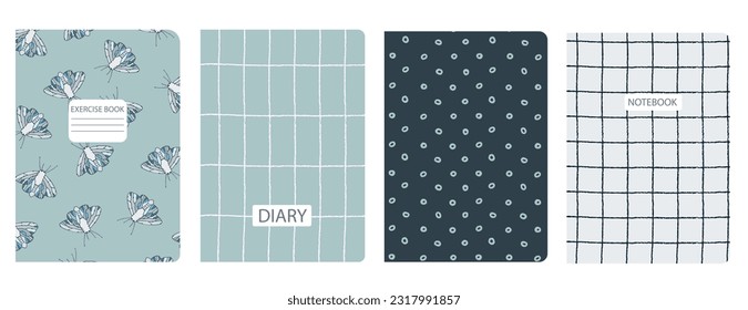 Set of cover page templates based on patterns with butterflies, moths, plaid, abstract circles for notebooks, notepads, diaries, planner. Headers isolated