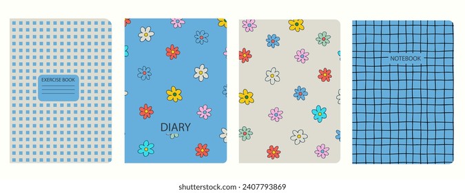Set of cover page templates based on grid seamless patterns, spiral lines, flower pattern. Plaid backgrounds for school notebooks, diaries. Headers isolated and replaceable