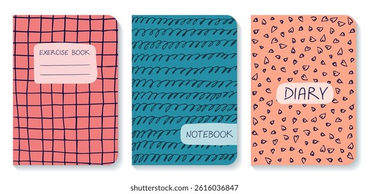 Set of cover page templates based on grid seamless pattern, spiral doodle lines, hearts pattern. Plaid backgrounds for school notebooks, diaries, exercise books. Replaceable headers.