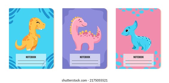 Set of cover page templates with cute dinosaurs and pastel colours. Vector cartoon illustration for school exercise books, notebooks, kids diaries.