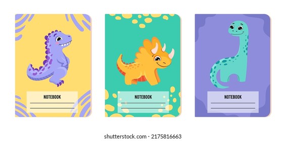 Set of cover page templates with cute dinosaurs and pastel colours. Vector cartoon illustration for school exercise books, notebooks, kids diaries.