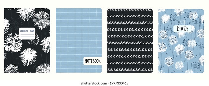 Set of cover page templates with dandelion flower heads, hand drawn grid, spiral lines. Based on seamless patterns. Headers isolated and replaceable. Perfect for school notebooks, notepads, diaries