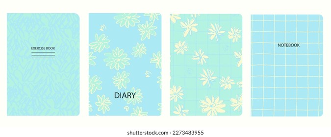 Set of cover page templates with dandelion flowers and hand drawn spiral lines. Based on seamless patterns. Headers isolated and replaceable. Perfect for school notebooks, notepads, diaries