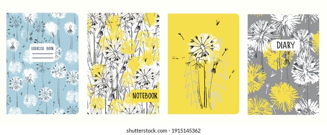 Set of cover page templates with dandelions. Based on seamless patterns. Headers isolated and replaceable. Perfect for school notebooks, diaries