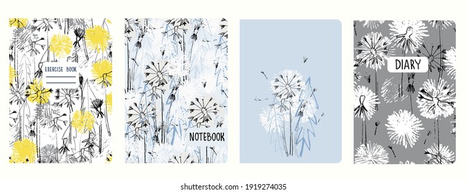 Set of cover page templates with dandelions. Based on seamless patterns. Headers isolated and replaceable. Perfect for school notebooks, diaries