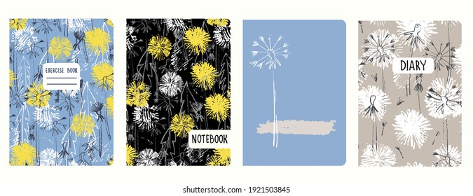 Set of cover page templates with dandelions. Based on seamless patterns. Headers isolated and replaceable. Perfect for school notebooks, diaries