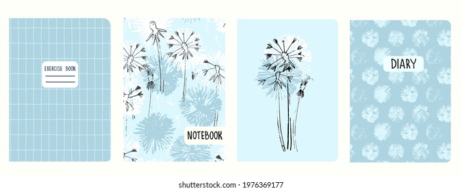 Set of cover page templates with dandelions and and hand drawn grid patterns. Based on seamless patterns. Headers isolated and replaceable. Perfect for school notebooks, notepads, diaries, etc