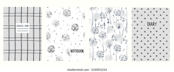 Set of cover page templates with dandelions and and hand drawn grid patterns. Based on seamless patterns. Headers isolated and replaceable. Perfect for school notebooks, notepads, diaries, etc