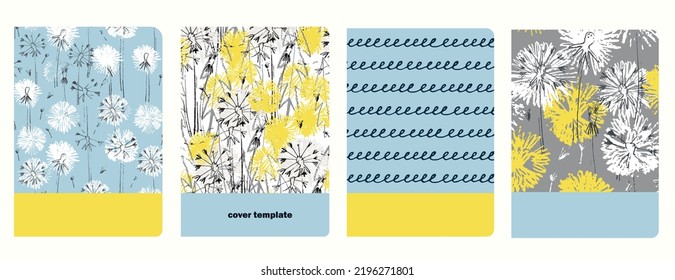 Set of cover page templates with dandelions. Based on seamless patterns. Headers isolated and replaceable. Perfect for school notebooks, diaries