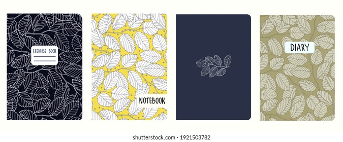 Set of cover page templates with elm tree branches and leaves. Based on seamless patterns. Headers isolated and replaceable. Perfect for school notebooks, diaries