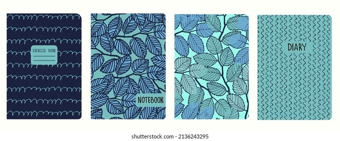 Set of cover page templates with elm tree branches and leaves. Based on seamless patterns. Headers isolated and replaceable. Perfect for school notebooks, diaries