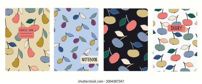 Set of cover page templates with hand drawn apples, pears, plums. Based on seamless patterns. Headers isolated and replaceable. Perfect for school notebooks, notepads, diaries, etc