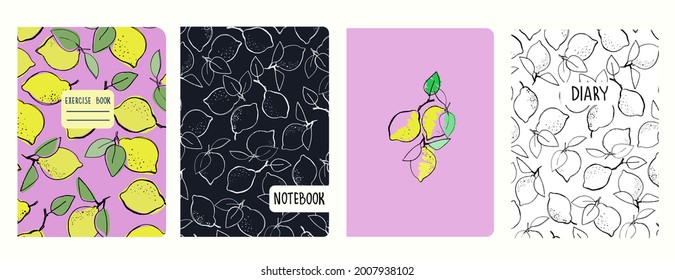 Conjunto de plantillas de portada con limones dibujados a mano. Basado en patrones sin fisuras. Cabeceras aisladas y reemplazables. Perfecto para portátiles escolares, carteles, diarios, etc.