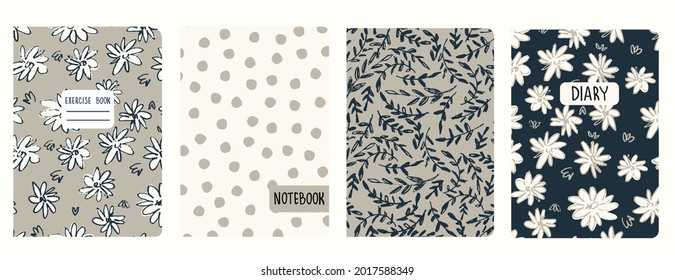 Set of cover page templates with hand drawn flowers, branches, leaves, polka dot. Based on seamless patterns. Backgrounds for notebooks, notepads, diaries. Headers isolated and replaceable