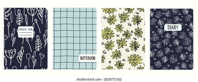 Set of cover page templates with hand drawn flowers in ditsy style and gridline. Based on seamless patterns. Backgrounds for notebooks, notepads, diaries. Headers isolated and replaceable