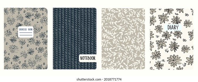 Set of cover page templates with hand drawn flowers, branches, leaves and spiral lines. Based on seamless patterns. Backgrounds for notebooks, notepads, diaries. Headers isolated and replaceable
