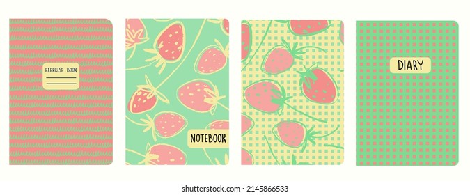 Set of cover page templates with hand drawn strawberries, polka dot and plaid. Based on seamless patterns. Headers isolated and replaceable. Perfect for school notebooks, notepads, diaries, etc