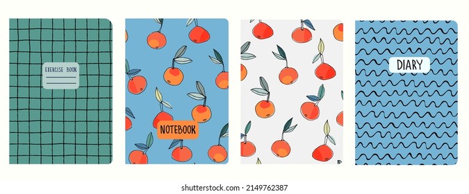Set of cover page templates with hand drawn tangerine, orange. Based on seamless patterns. Headers isolated and replaceable. Perfect for notebooks, notepads, diaries, etc