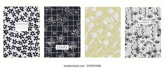 Set of cover page templates with hand drawn flowers, branches, leaves. Based on seamless patterns. Backgrounds for notebooks, notepads, diaries. Headers isolated and replaceable