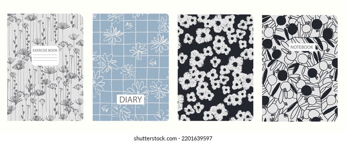 Set of cover page templates with hand drawn flowers, branches, leaves. Based on seamless patterns. Backgrounds for notebooks, notepads, diaries. Headers isolated and replaceable