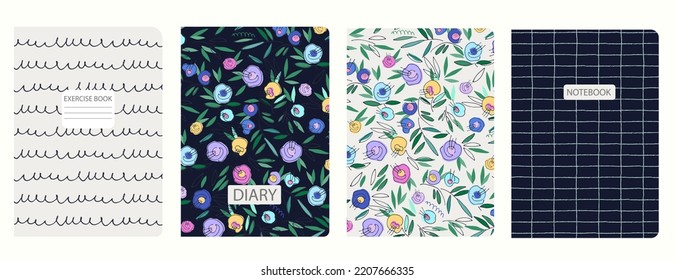 Set of cover page templates with hand drawn flowers, branches, leaves. Based on seamless patterns. Backgrounds for notebooks, notepads, diaries. Headers isolated and replaceable