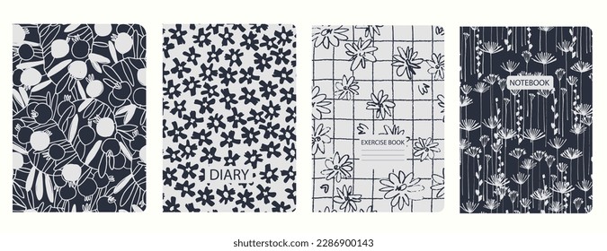 Set of cover page templates with hand drawn flowers, branches, leaves. Based on seamless patterns. Backgrounds for notebooks, notepads, diaries. Headers isolated and replaceable