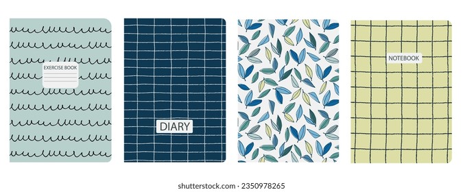 Conjunto de plantillas de portada con flores dibujadas a mano, ramas, hojas. Basado en patrones sin fisuras. Fondos para cuadernos, notas, diarios. Cabeceras aisladas y reemplazables
