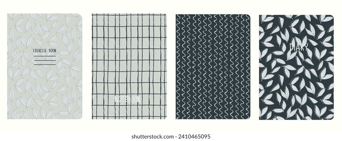 Set of cover page templates with hand drawn flowers, branches, leaves. Based on seamless patterns. Backgrounds for notebooks, notepads, diaries. Headers isolated and replaceable