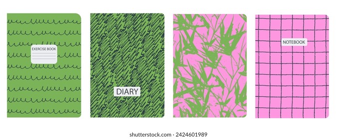 Set of cover page templates with hand drawn flowers, branches, leaves. Based on seamless patterns. Backgrounds for notebooks, notepads, diaries. Headers isolated and replaceable