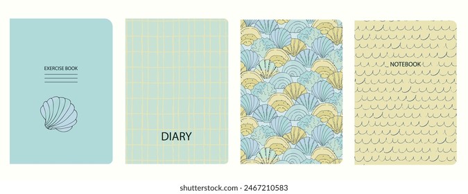 Set of cover page templates with hand drawn shells, sands and waves. Based on seamless patterns. Backgrounds for notebooks, notepads, diaries. Headers isolated and replaceable