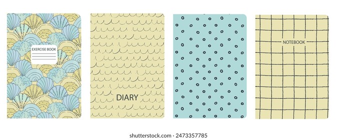 Set of cover page templates with hand drawn shells, sands and waves. Based on seamless patterns. Backgrounds for notebooks, notepads, diaries. Headers isolated and replaceable