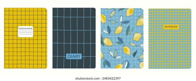 Set of cover page templates with hand drawn lemon. Based on seamless patterns. Headers isolated and replaceable. Perfect for notebooks, notepads, diaries, etc