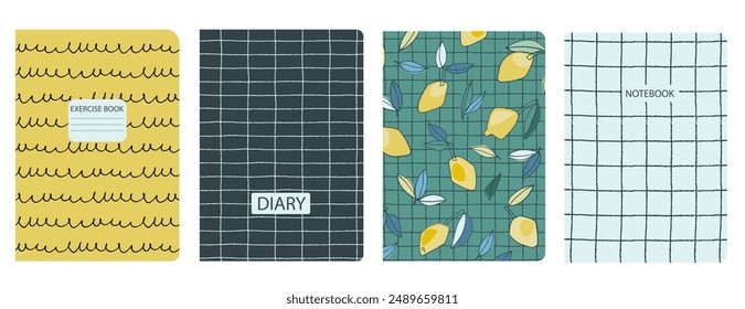 Conjunto de Plantillas de portada con limón dibujado a mano. Basado en patrones sin fisuras. Cabeceras aisladas y reemplazables. Perfecto para cuadernos, cuadernos, diarios, etc