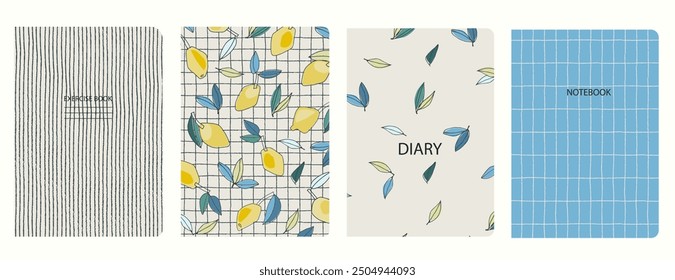 Set of cover page templates with hand drawn lemon. Based on seamless patterns. Headers isolated and replaceable. Perfect for notebooks, notepads, diaries, etc