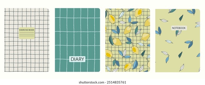 Set of cover page templates with hand drawn lemon. Based on seamless patterns. Headers isolated and replaceable. Perfect for notebooks, notepads, diaries, etc