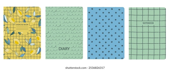 Set of cover page templates with hand drawn lemon. Based on seamless patterns. Headers isolated and replaceable. Perfect for notebooks, notepads, diaries, etc