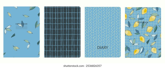 Set of cover page templates with hand drawn lemon. Based on seamless patterns. Headers isolated and replaceable. Perfect for notebooks, notepads, diaries, etc