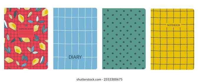 Set of cover page templates with hand drawn lemon. Based on seamless patterns. Headers isolated and replaceable. Perfect for notebooks, notepads, diaries, etc