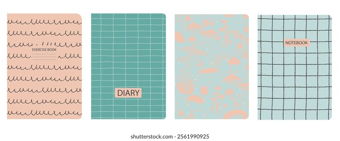 Set of cover page templates with hand drawn mushrooms, branches, leaves. Based on seamless patterns. Backgrounds for notebooks, notepads, diaries. Headers isolated and replaceable