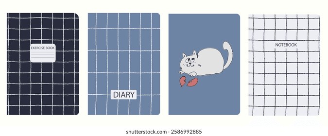 Set of cover page templates with hand drawn cat. Based on seamless patterns. Headers isolated and replaceable. Perfect for notebooks, notepads, diaries, etc