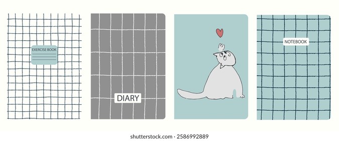 Set of cover page templates with hand drawn cat. Based on seamless patterns. Headers isolated and replaceable. Perfect for notebooks, notepads, diaries, etc