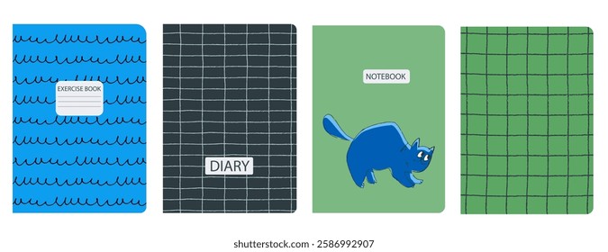 Set of cover page templates with hand drawn cat. Based on seamless patterns. Headers isolated and replaceable. Perfect for notebooks, notepads, diaries, etc