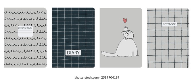 Set of cover page templates with hand drawn cat. Based on seamless patterns. Headers isolated and replaceable. Perfect for notebooks, notepads, diaries, etc