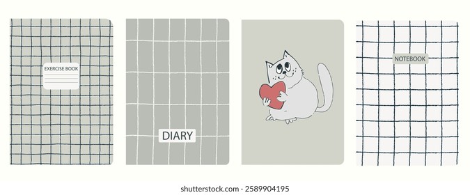 Set of cover page templates with hand drawn cat. Based on seamless patterns. Headers isolated and replaceable. Perfect for notebooks, notepads, diaries, etc