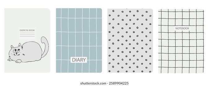 Set of cover page templates with hand drawn cat. Based on seamless patterns. Headers isolated and replaceable. Perfect for notebooks, notepads, diaries, etc